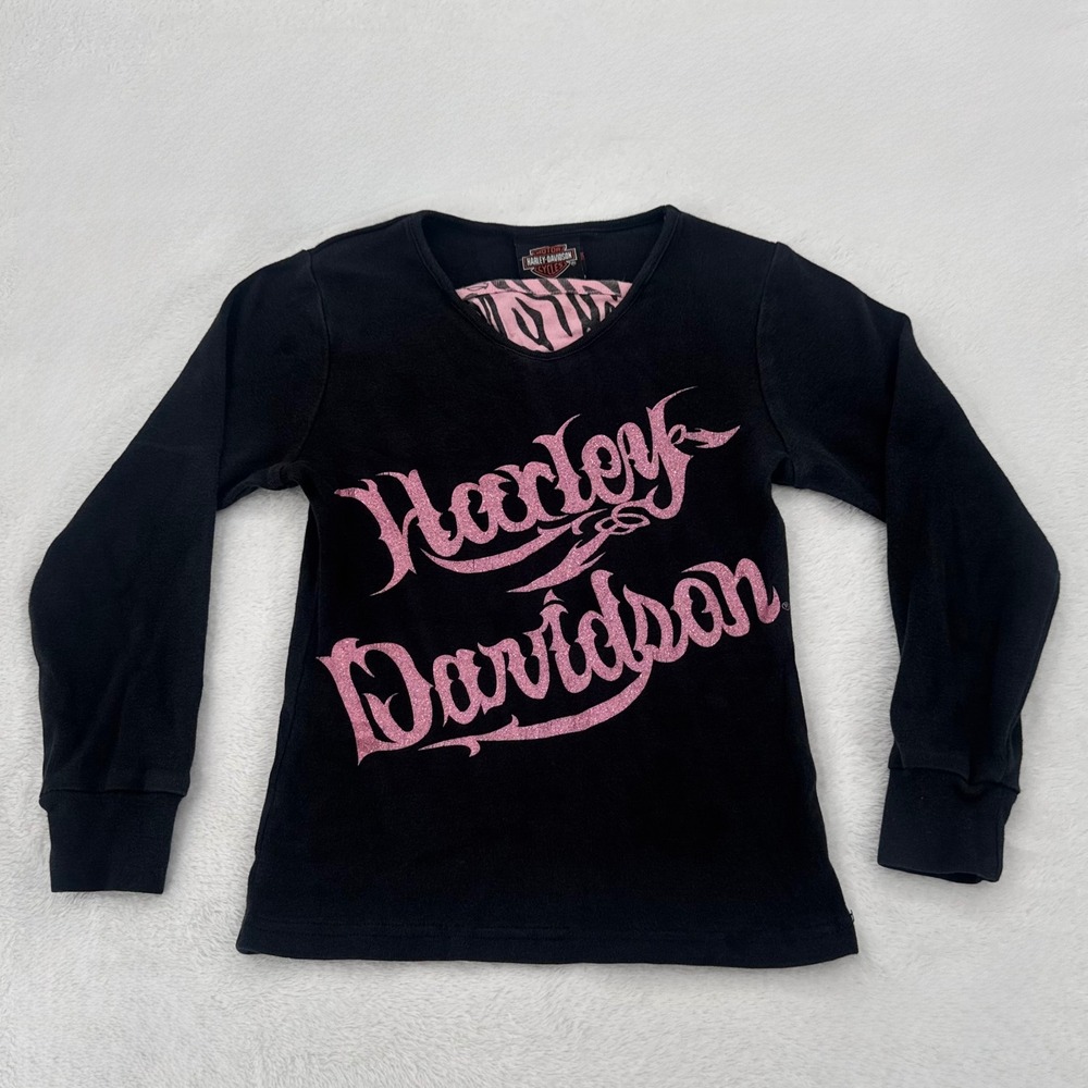 Harley Davidson Pink Script Long Sleeve Shirt Kids Sz 5 Glitter Logo Zebra VNeck